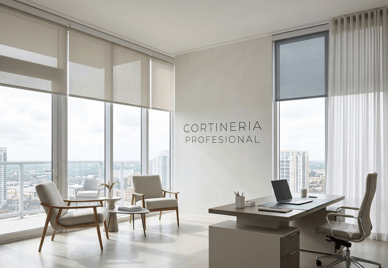 Oficina con cortinas y persianas instaladas por Cortinería Nacional